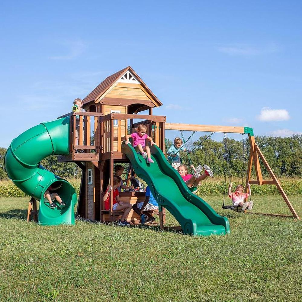 Cedar Cove Swing Set - Dual Slides, Climbing Wall, Clubhouse & More | Weight- 222.7 Kg (3-10 Years)