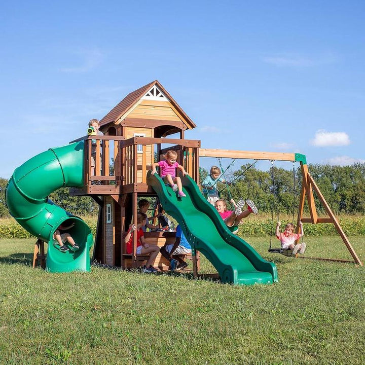 Cedar Cove Swing Set - Dual Slides, Climbing Wall, Clubhouse & More | Weight- 222.7 Kg (3-10 Years)