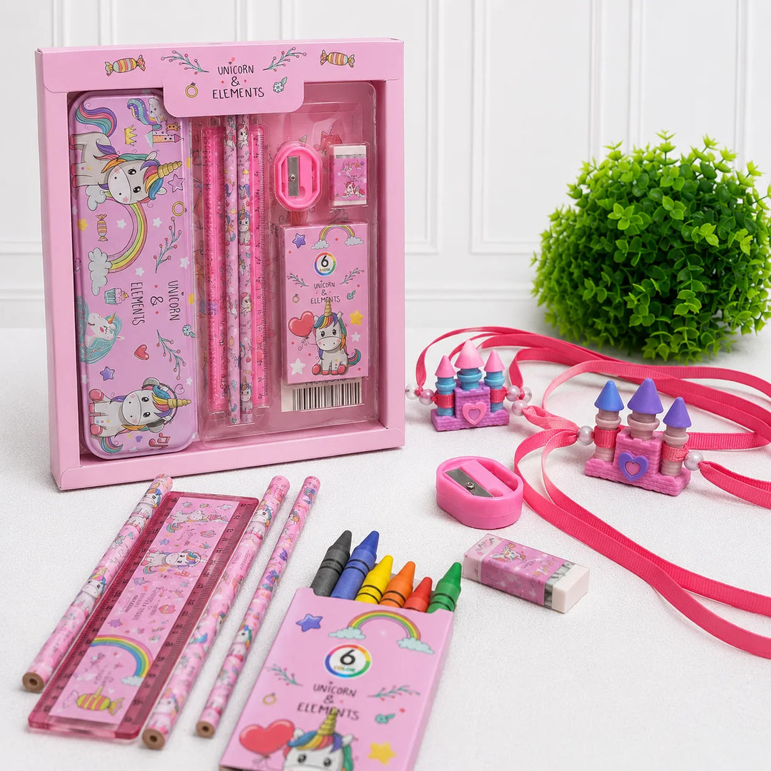 Ilearnngrow Unicorn Stationery Rakhi Combo | Unicorn Pencil Box Set with Castle Rakhi for Kids