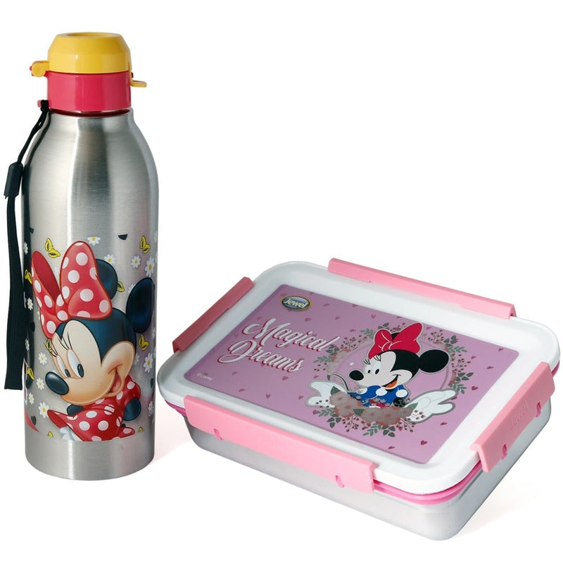 Original Licensed Disney Marvel Steel Lunch box and Merit & Clip Up Cartoon Water Bottle - Minie Mouse