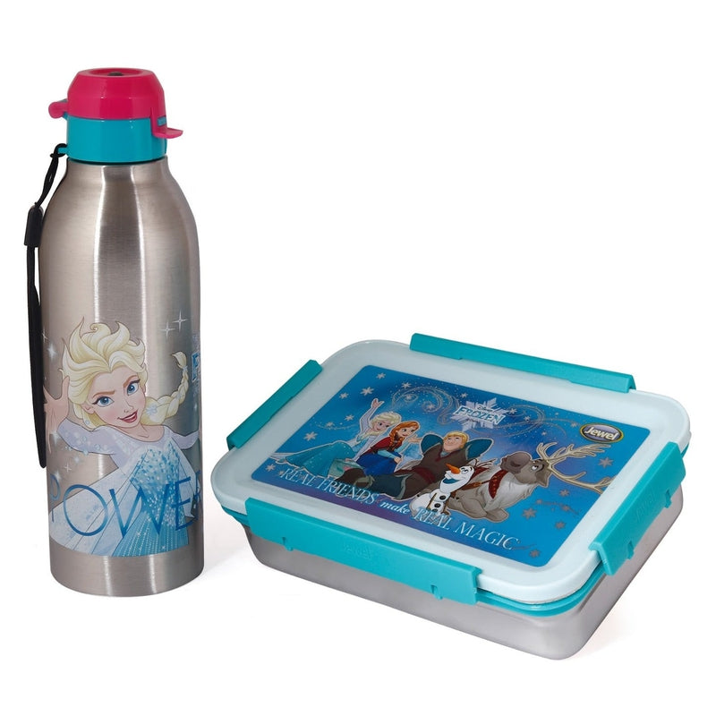 Original Licensed Disney Marvel Steel Lunch box and Merit & Clip Up Cartoon Water Bottle - Frozen