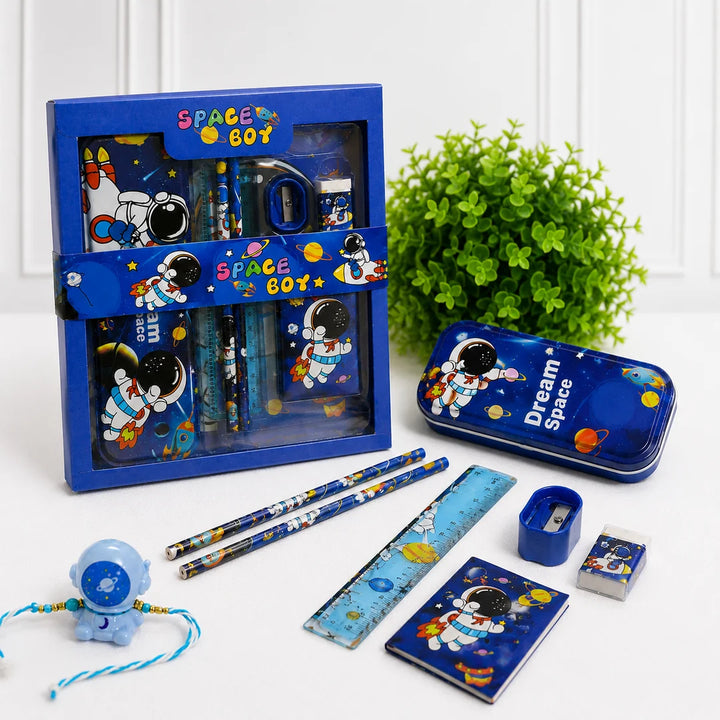 Ilearnngrow Space Theme Stationery Rakhi Combo | Pencil Box Set with Space Rakhi for Kids