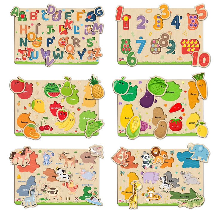 My First Wooden  ABC, Numbers, Fruits, Vegetables, Jungle Animals, Farm Animals Puzzle Tray (Set of 6) | 76 Pegs