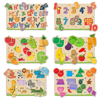 My First Wooden  ABC, Numbers, Shapes, Fruits, Vegetables, Jungle Animals Puzzle Tray (Set of 6) | 78 Pegs