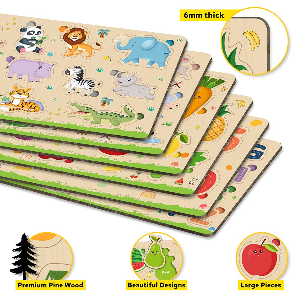 My First Wooden  ABC, Numbers, Shapes, Fruits, Vegetables, Jungle Animals Puzzle Tray (Set of 6) | 78 Pegs