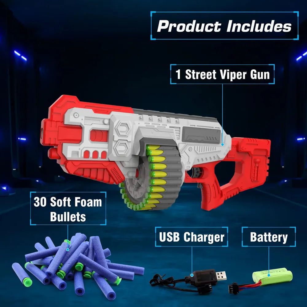 Chanak Battery Operated Motorized Dart Blaster - Street Viper | 30 Foam Bullets, 40 Feet Range | Red-Grey