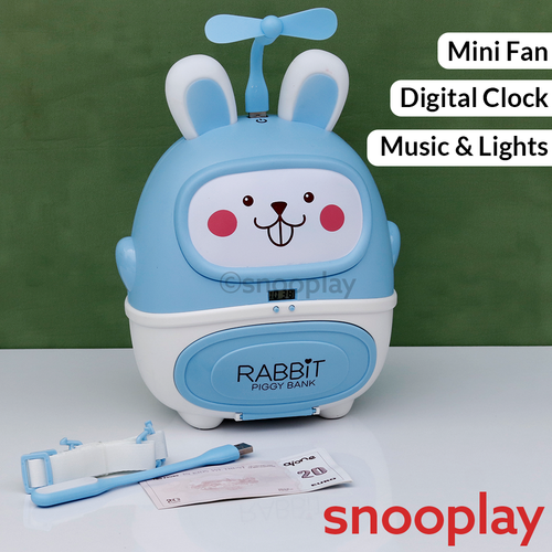 Rabbit Backpack Piggy Bank with Table Lamp, Mini Fan & Clock | Colorful Lights & Music (3-8 Years) | Assorted Colors