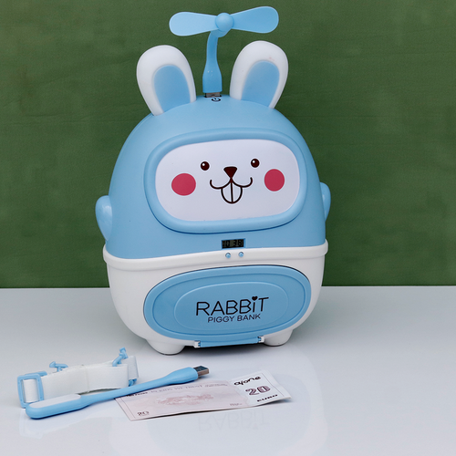 Rabbit Backpack Piggy Bank with Table Lamp, Mini Fan & Clock | Colorful Lights & Music (3-8 Years) | Assorted Colors