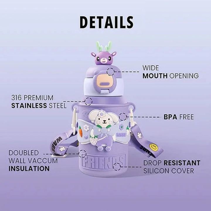 CuddleNest Rabbit Design Water Bottle with Straw & Sipper - 450ml