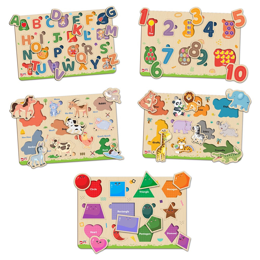 My First Wooden ABC, Numbers, Jungle Animals, Farm Animals, Shape Puzzle Tray (Set of 5) | 68 Pegs