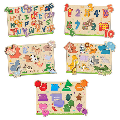 My First Wooden ABC, Numbers, Jungle Animals, Farm Animals, Shape Puzzle Tray (Set of 5) | 68 Pegs