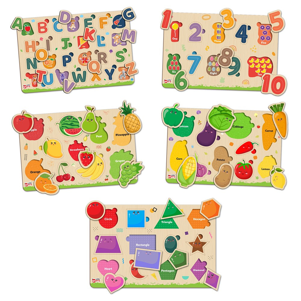 My First Wooden  ABC, Numbers, Fruits, Vegetables, Shapes Puzzle Tray (Set of 5) | 68 Pegs