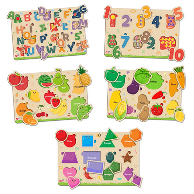 My First Wooden  ABC, Numbers, Fruits, Vegetables, Shapes Puzzle Tray (Set of 5) | 68 Pegs