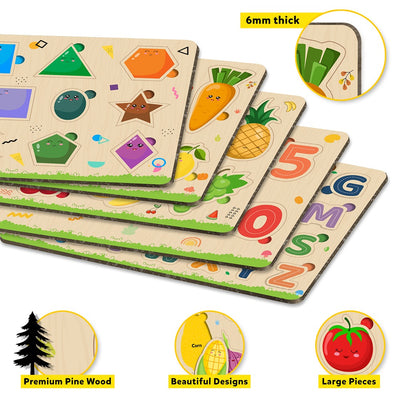 My First Wooden  ABC, Numbers, Fruits, Vegetables, Shapes Puzzle Tray (Set of 5) | 68 Pegs