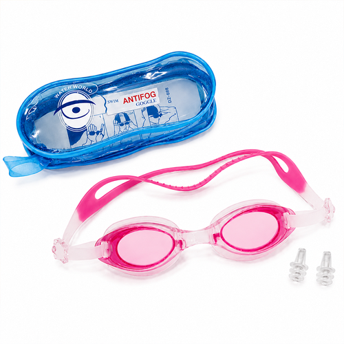 KriTech UV Protection Anti-fog Slip Resistant Swimming Goggles with Ear Plugs | Size: M |  5-15 Years | Pink