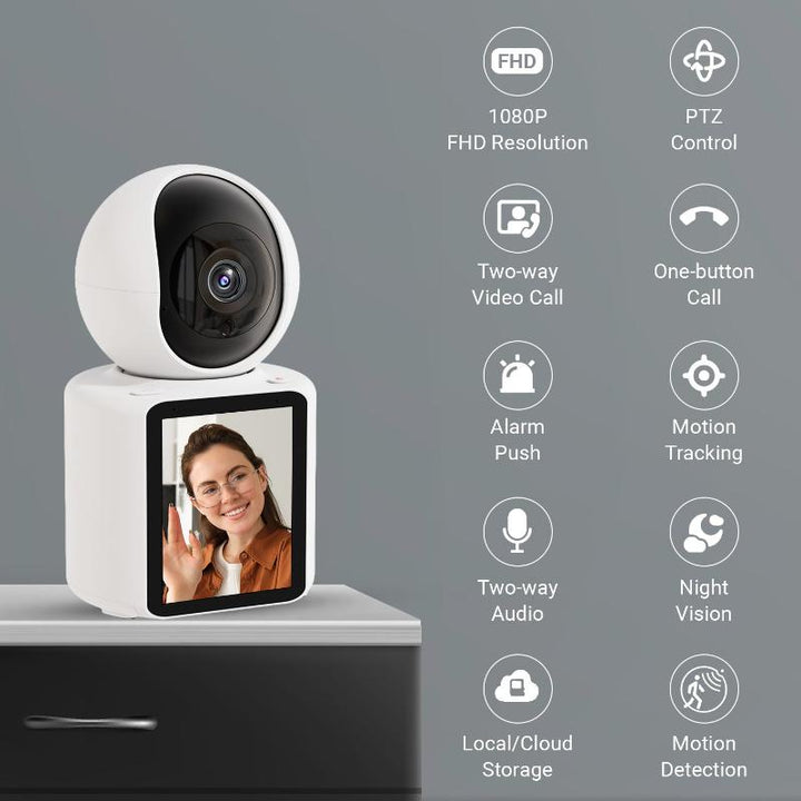 Indoor 2MP Security Camera with Screen, 2 Way Voice & Video Calling and WiFi 2.4Ghz (2-18 Years)