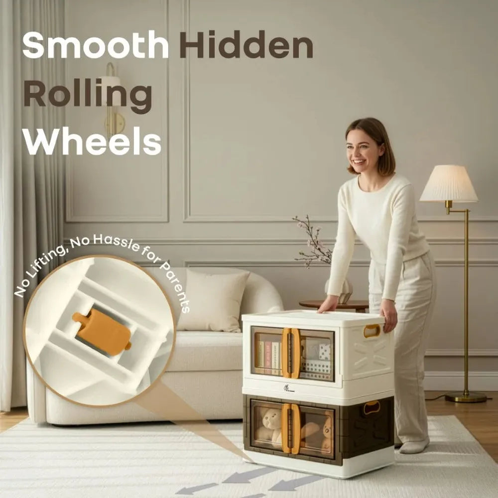 R for Rabbit Kiddo Korner Pod Kids Storage Organizer Set of 2 (20L Each) – Beige Brown Stackable & Foldable Design with Wheels