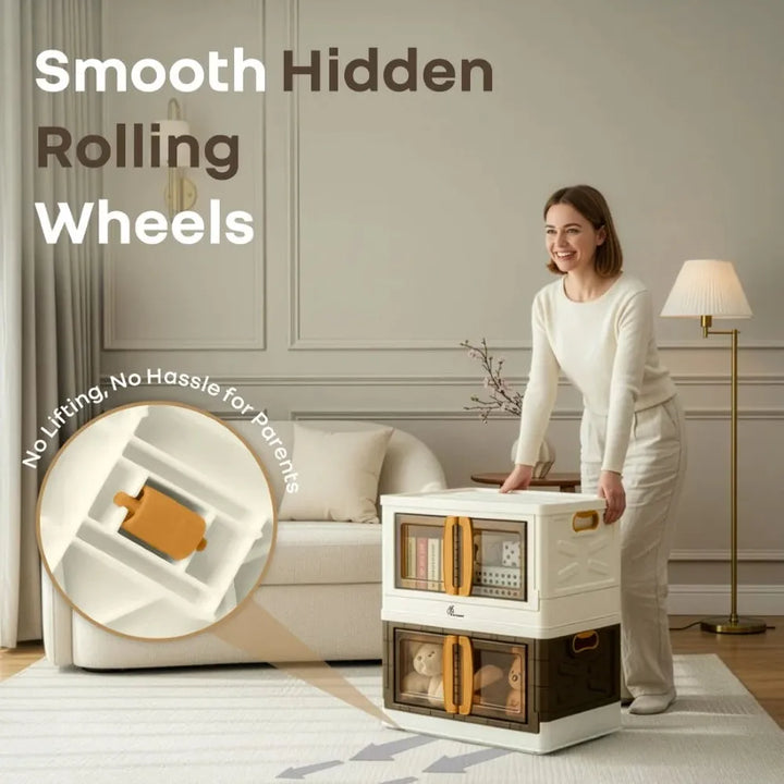 R for Rabbit Kiddo Korner Pod Kids Storage Organizer Set of 2 (20L Each) – Beige Brown Stackable & Foldable Design with Wheels