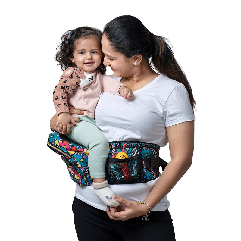 Comic Baby Carrier with Hip Seat & In-built Mini Diaper Bag - Multicolor