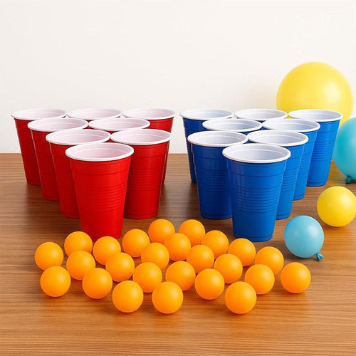 Hop N Play Party Kit - 24 Large Red & Blue Cups with 24 Ping Pong Balls (Grown Ups)