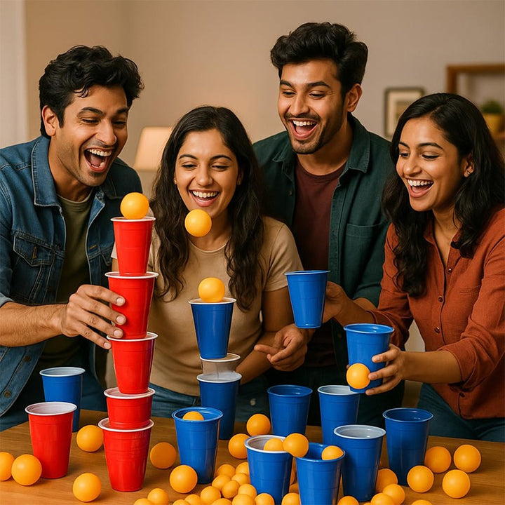 Hop N Play Party Kit - 24 Large Red & Blue Cups with 24 Ping Pong Balls (Grown Ups)