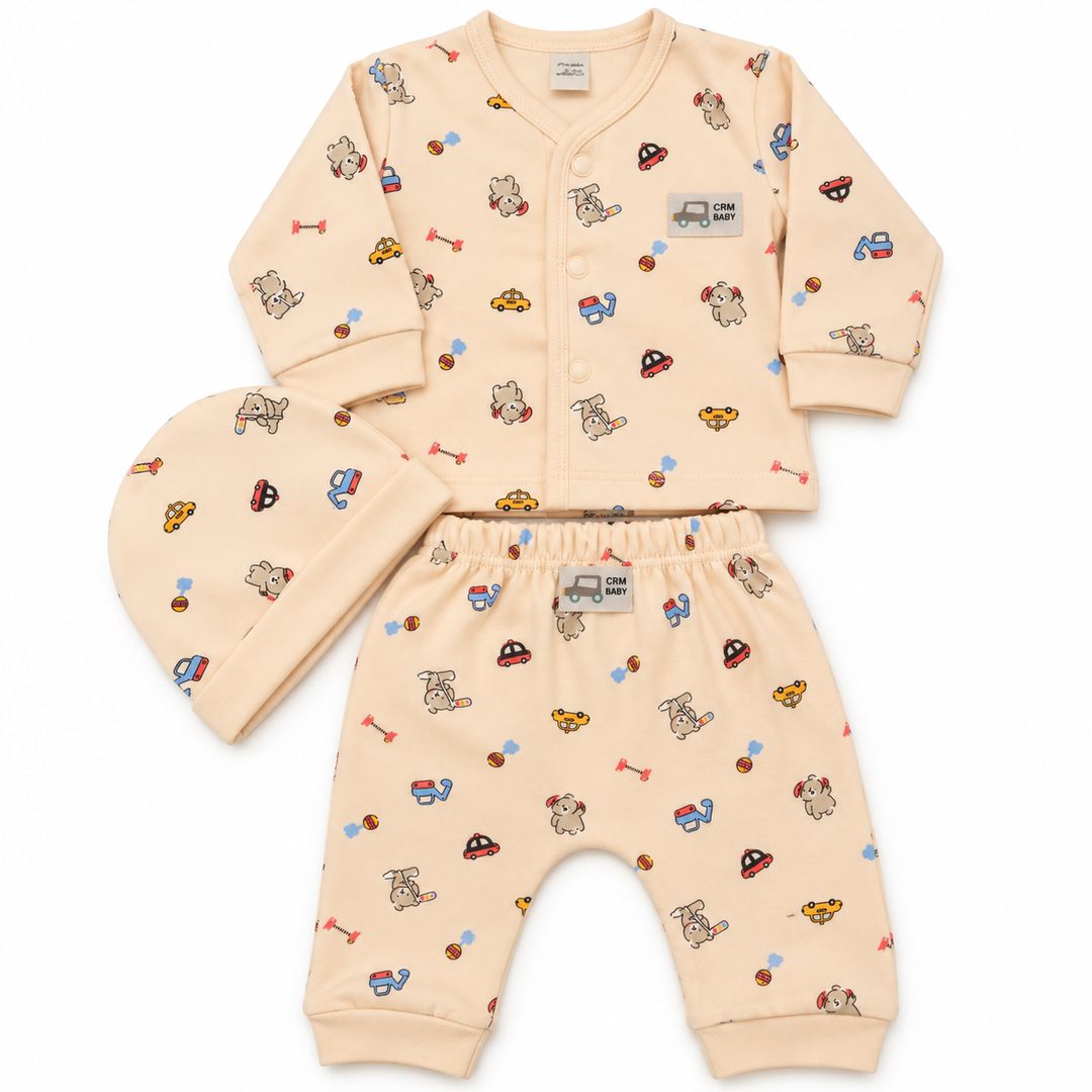 Baby Naturelle CRM Baby Cotton Knit Front Open Full Sleeves Co-ord T-Shirt & Pajama Suit with Cap - Cream