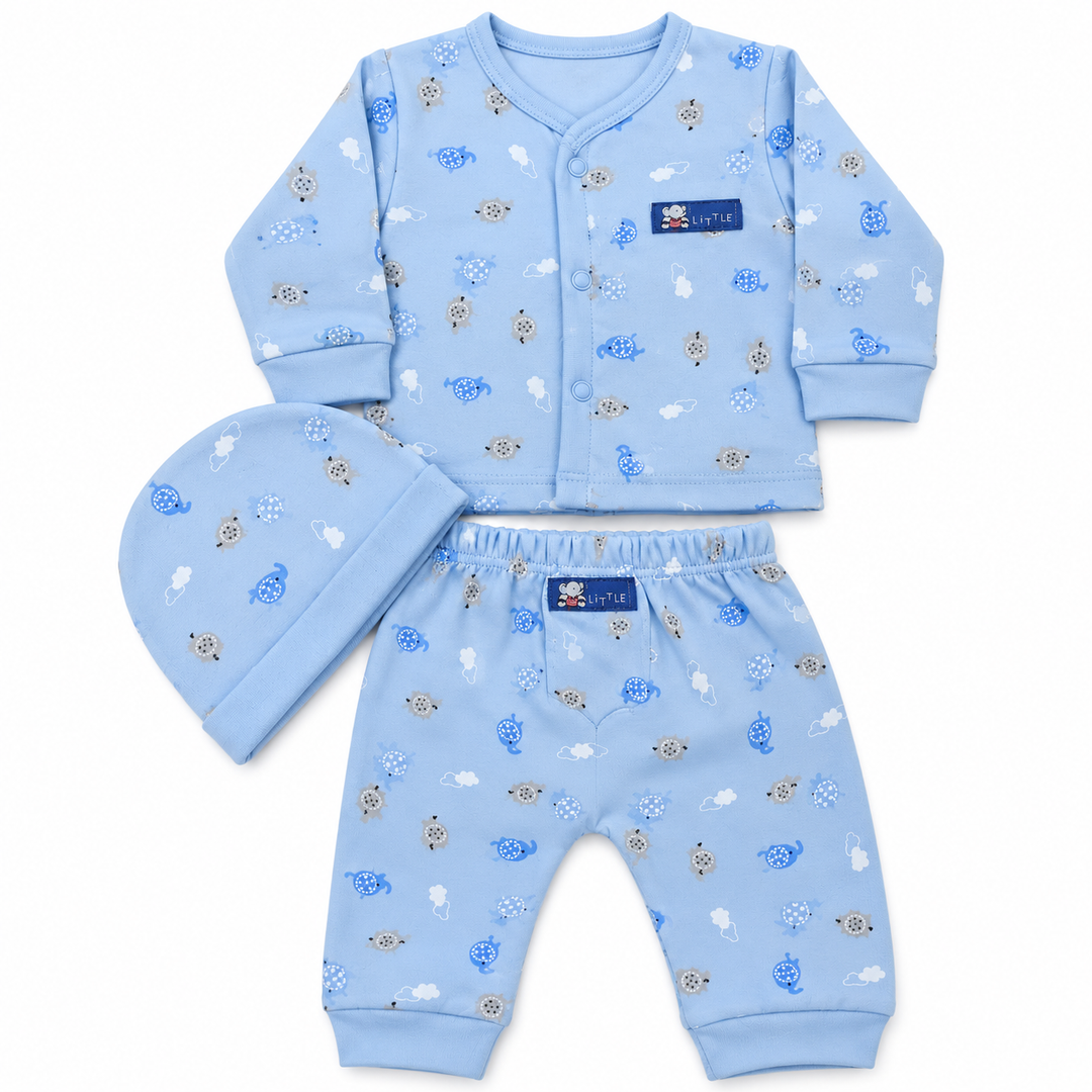 Baby Naturelle Cotton Knit Front Open Full Sleeves Co-ord T-Shirt & Pajama Suit with Cap - Blue Elephant