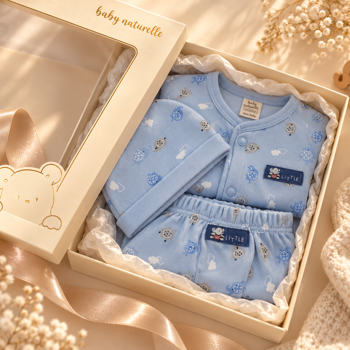 Baby Naturelle Cotton Knit Front Open Full Sleeves Co-ord T-Shirt & Pajama Suit with Cap - Blue Elephant
