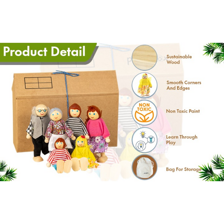 6 Pieces Wooden Family Doll Set - Pretend Play Figures (3-6 Years)