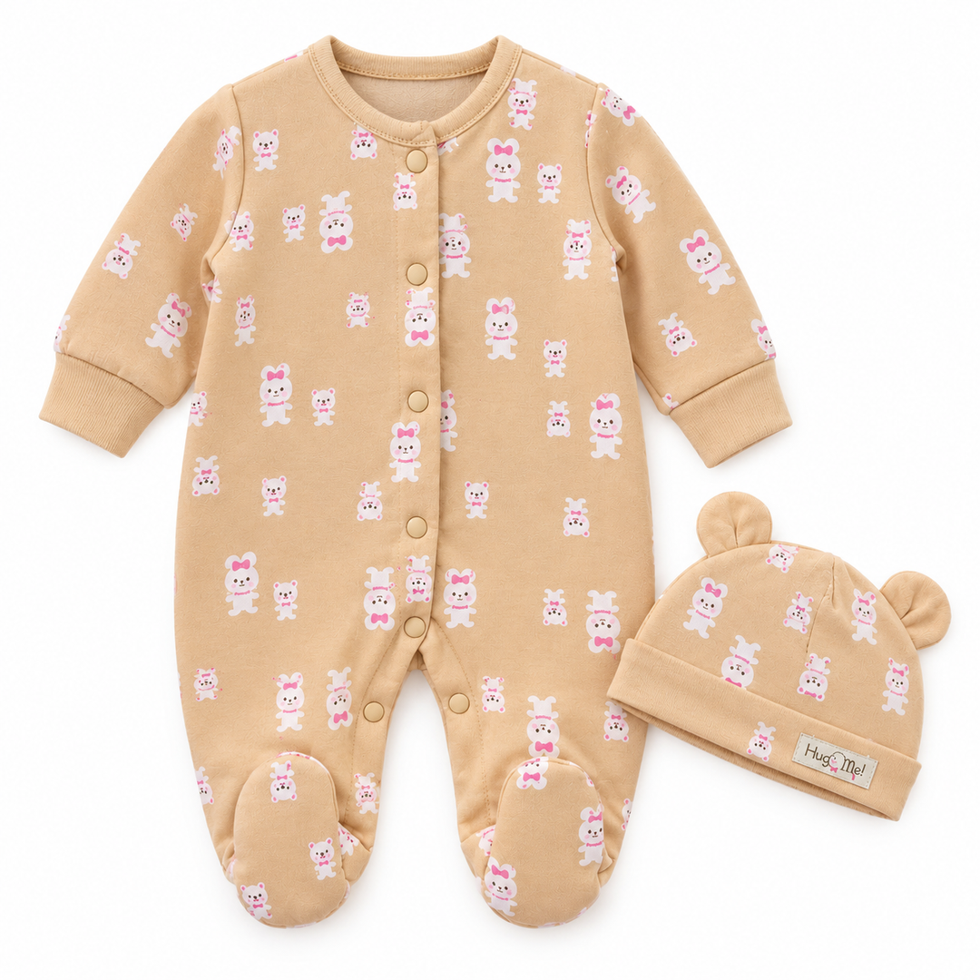 Baby Naturelle Cotton Knit Newborn Romper with Cap - Beige
