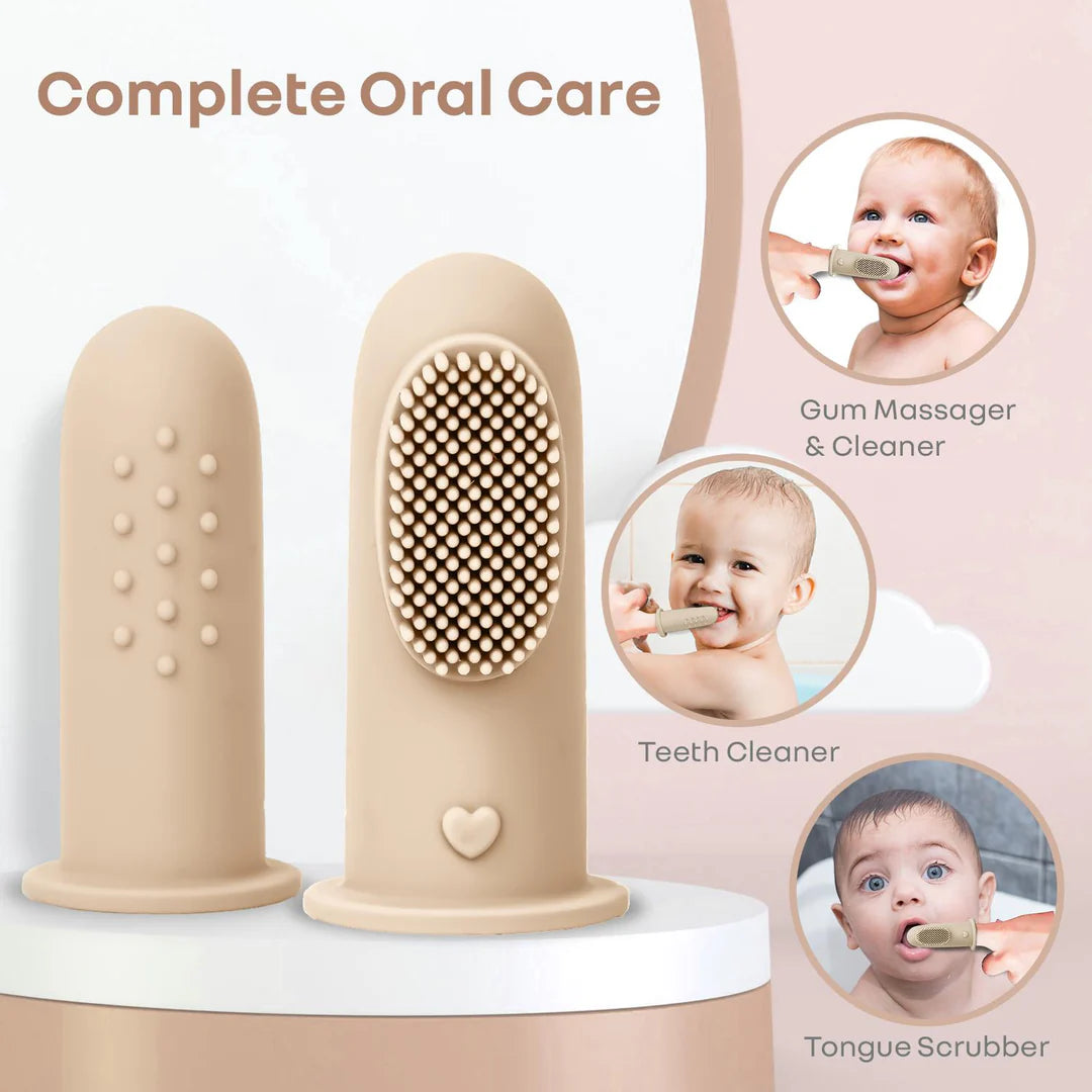R for Rabbit Tiny Smiles Gummy Baby Finger Brush, Food Grade Silicone Toothbrush, Gum Massager with Storage Case - Beige