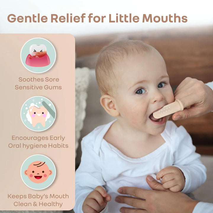 R for Rabbit Tiny Smiles Gummy Baby Finger Brush, Food Grade Silicone Toothbrush, Gum Massager with Storage Case - Beige