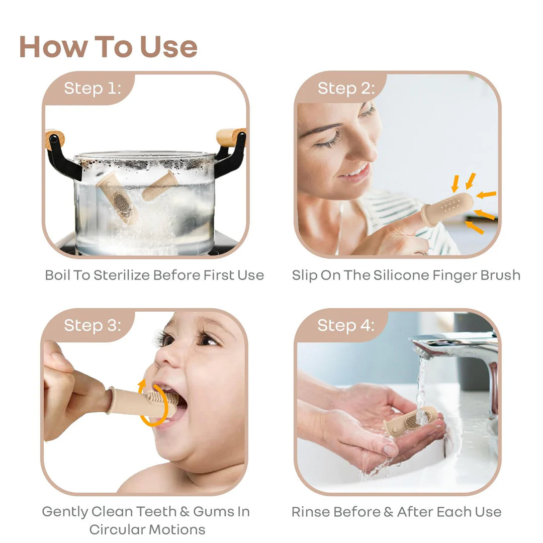 R for Rabbit Tiny Smiles Gummy Baby Finger Brush, Food Grade Silicone Toothbrush, Gum Massager with Storage Case - Beige