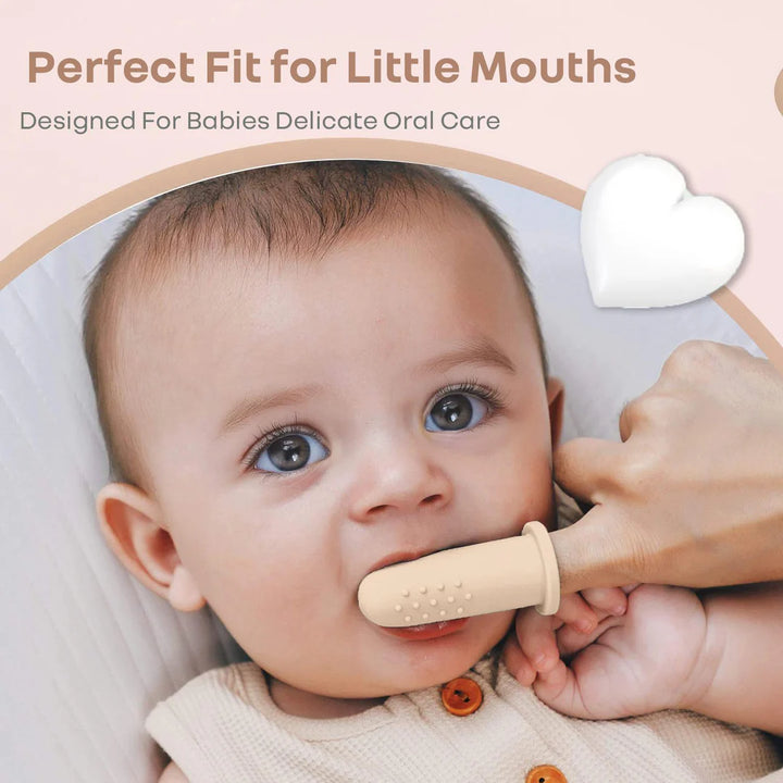 R for Rabbit Tiny Smiles Gummy Baby Finger Brush, Food Grade Silicone Toothbrush, Gum Massager with Storage Case - Beige
