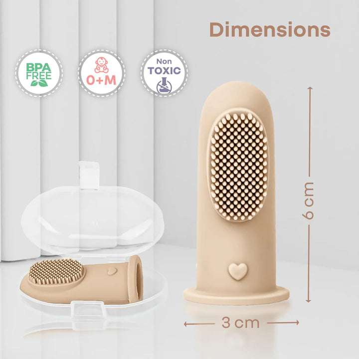 R for Rabbit Tiny Smiles Gummy Baby Finger Brush, Food Grade Silicone Toothbrush, Gum Massager with Storage Case - Beige