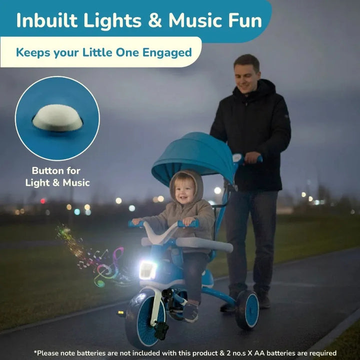 R for Rabbit Tiny Toes Karizma Luxury 3-in-1 Kids Tricycle– Blue Grey | Built-in Lights & Music | Adjustable Canopy & Parent Control