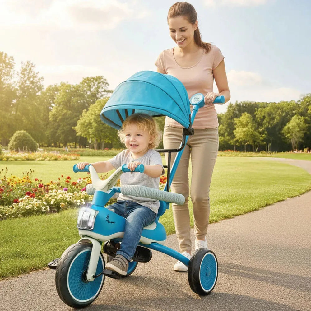 R for Rabbit Tiny Toes Karizma Luxury 3-in-1 Kids Tricycle– Blue Grey | Built-in Lights & Music | Adjustable Canopy & Parent Control