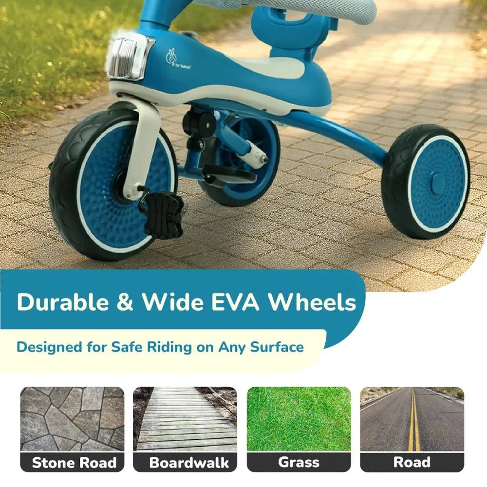 R for Rabbit Tiny Toes Karizma Luxury 3-in-1 Kids Tricycle– Blue Grey | Built-in Lights & Music | Adjustable Canopy & Parent Control