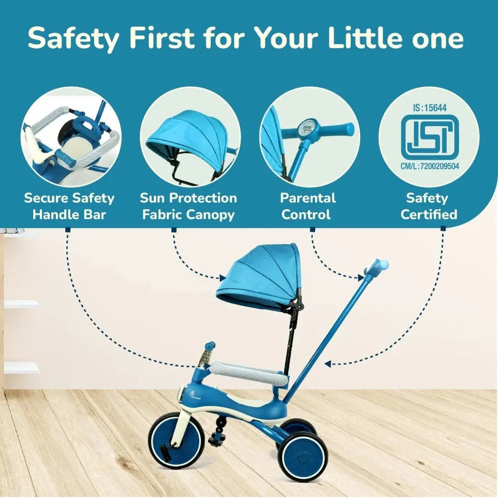 R for Rabbit Tiny Toes Karizma Luxury 3-in-1 Kids Tricycle– Blue Grey | Built-in Lights & Music | Adjustable Canopy & Parent Control