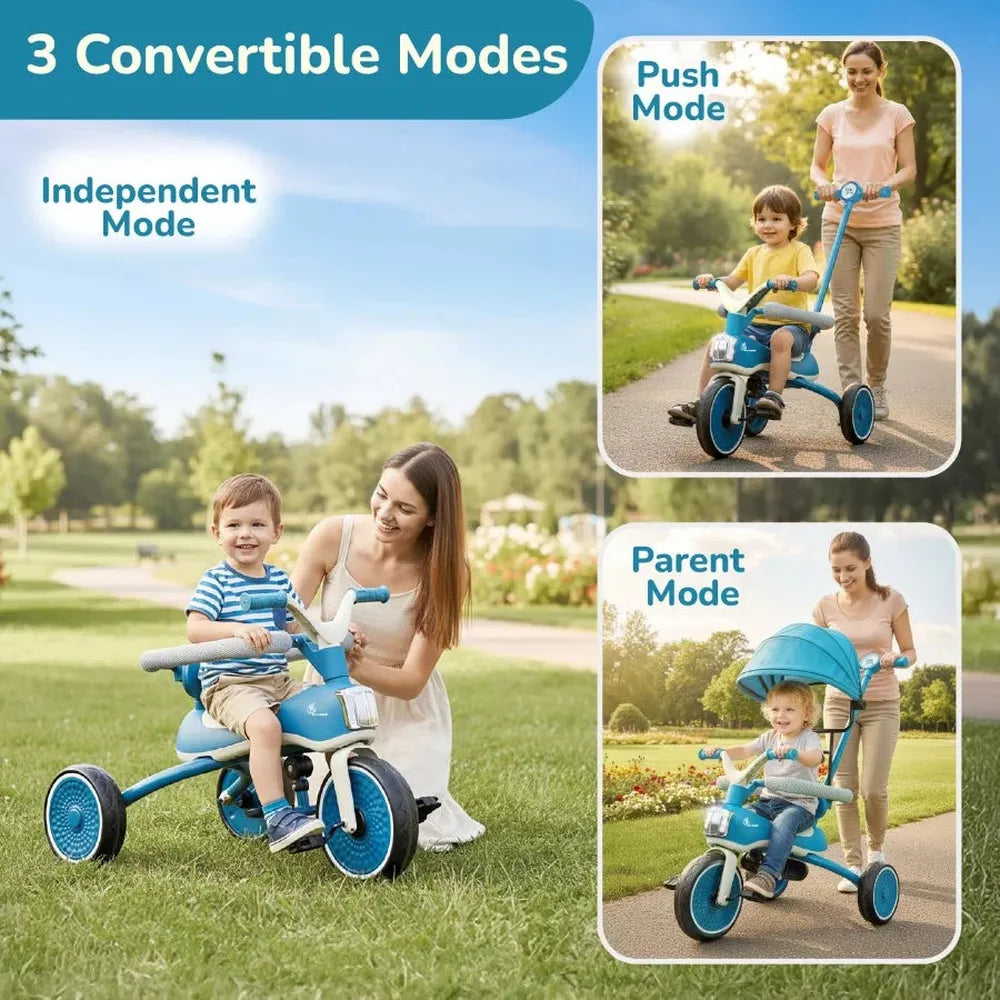 R for Rabbit Tiny Toes Karizma Luxury 3-in-1 Kids Tricycle– Blue Grey | Built-in Lights & Music | Adjustable Canopy & Parent Control