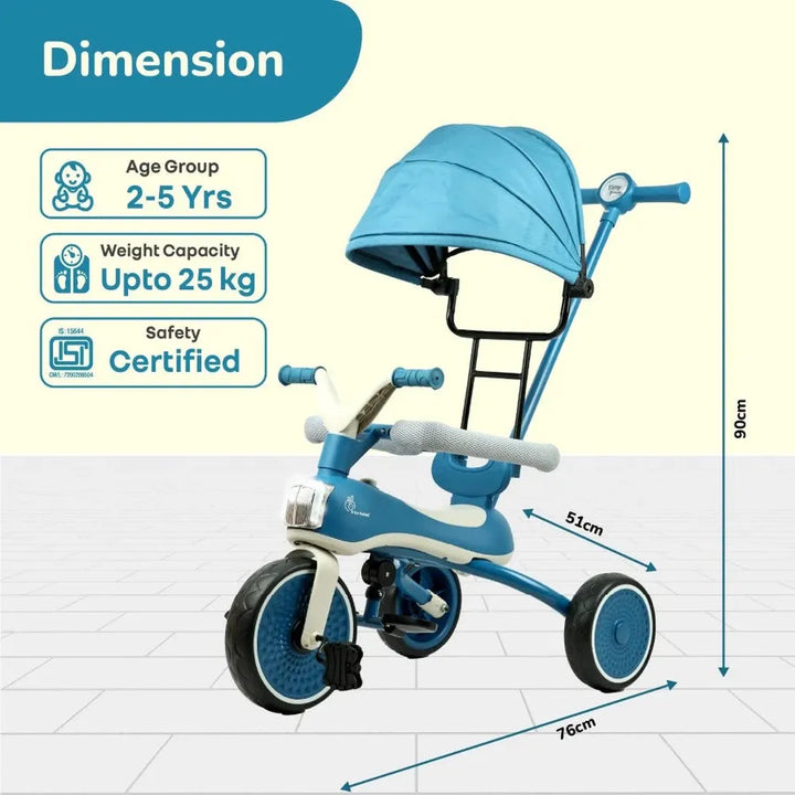 R for Rabbit Tiny Toes Karizma Luxury 3-in-1 Kids Tricycle– Blue Grey | Built-in Lights & Music | Adjustable Canopy & Parent Control