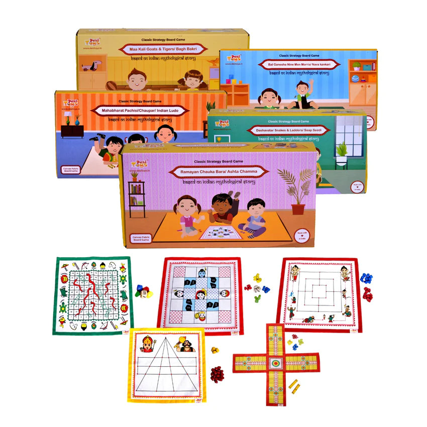 Combo Pack Of 5 Canvas Fabric Board Games | Snakes and Ladders/Saap Seedi | Nine Men's Morris/Mills Game/Navakankari | Pachisi/Chaupar/Chaupad/Indian Ludo | Chauka Bara/Ashta Chamma | Goats & Tigers/Bagh Bakri |