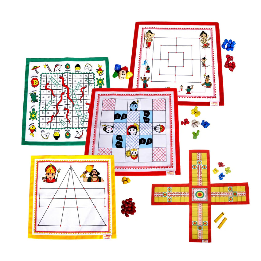 Combo Pack Of 5 Canvas Fabric Board Games | Snakes and Ladders/Saap Seedi | Nine Men's Morris/Mills Game/Navakankari | Pachisi/Chaupar/Chaupad/Indian Ludo | Chauka Bara/Ashta Chamma | Goats & Tigers/Bagh Bakri |