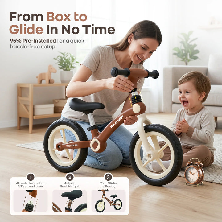 R for Rabbit Glider Balance Bike for Kids – Brown Cream | Adjustable PU Cushioned Seat | Puncture-Proof EVA Wheels & Soft TPE Handles