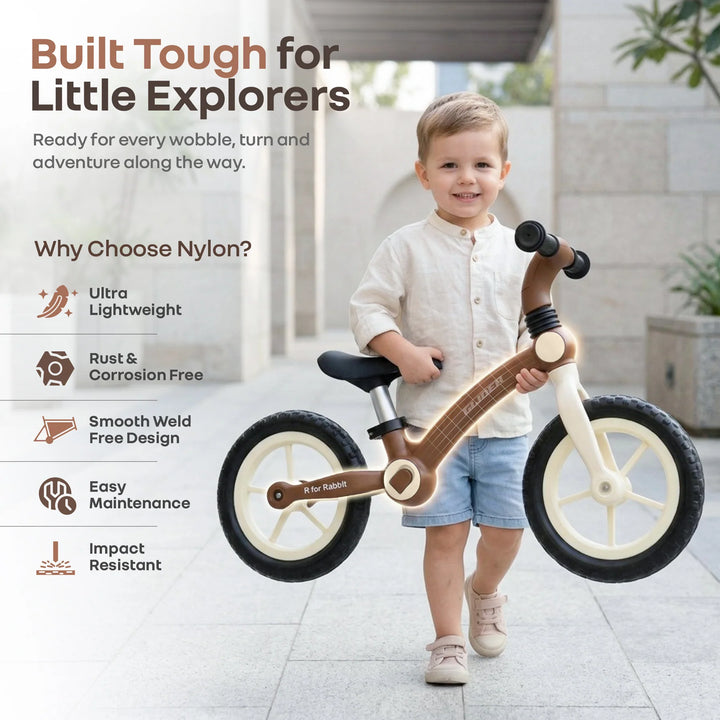 R for Rabbit Glider Balance Bike for Kids – Brown Cream | Adjustable PU Cushioned Seat | Puncture-Proof EVA Wheels & Soft TPE Handles