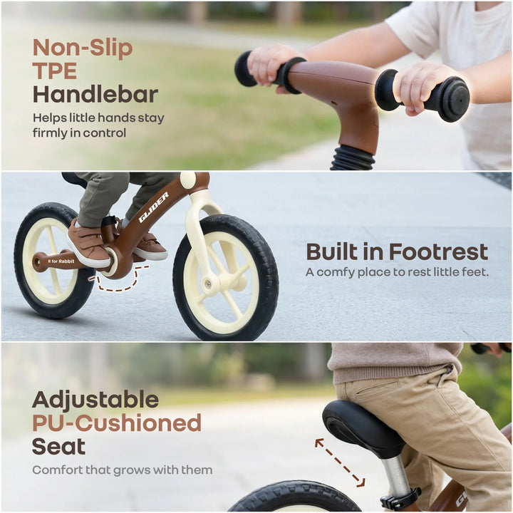 R for Rabbit Glider Balance Bike for Kids – Brown Cream | Adjustable PU Cushioned Seat | Puncture-Proof EVA Wheels & Soft TPE Handles