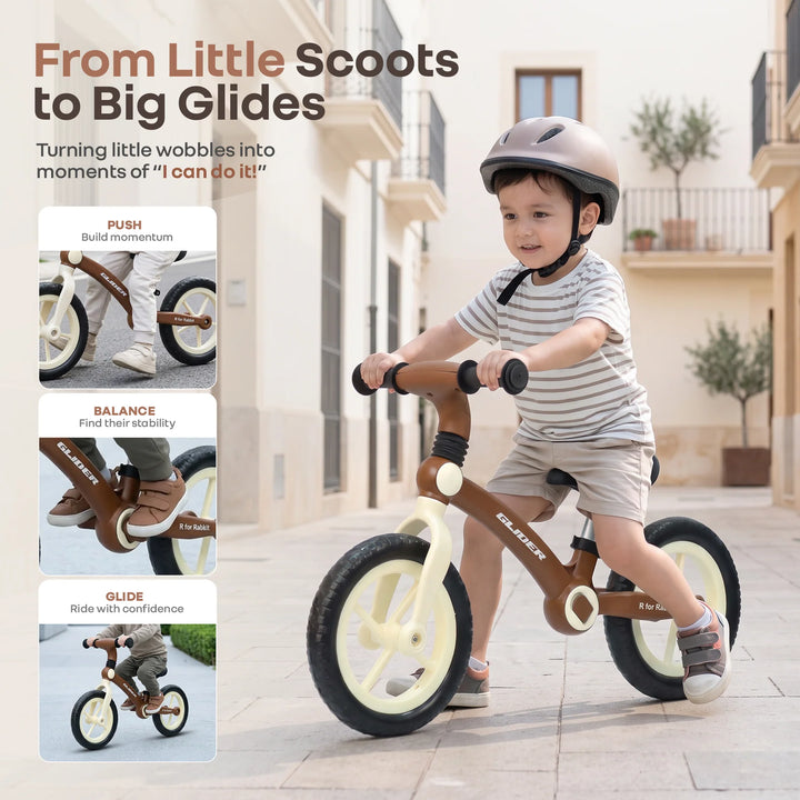 R for Rabbit Glider Balance Bike for Kids – Brown Cream | Adjustable PU Cushioned Seat | Puncture-Proof EVA Wheels & Soft TPE Handles