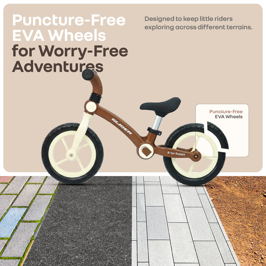 R for Rabbit Glider Balance Bike for Kids – Brown Cream | Adjustable PU Cushioned Seat | Puncture-Proof EVA Wheels & Soft TPE Handles
