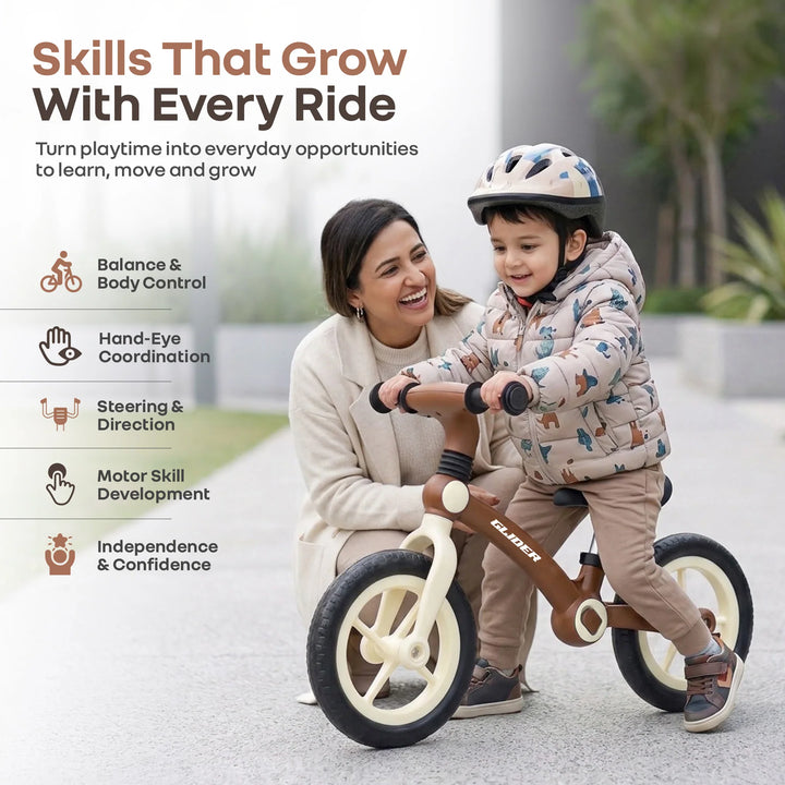 R for Rabbit Glider Balance Bike for Kids – Brown Cream | Adjustable PU Cushioned Seat | Puncture-Proof EVA Wheels & Soft TPE Handles