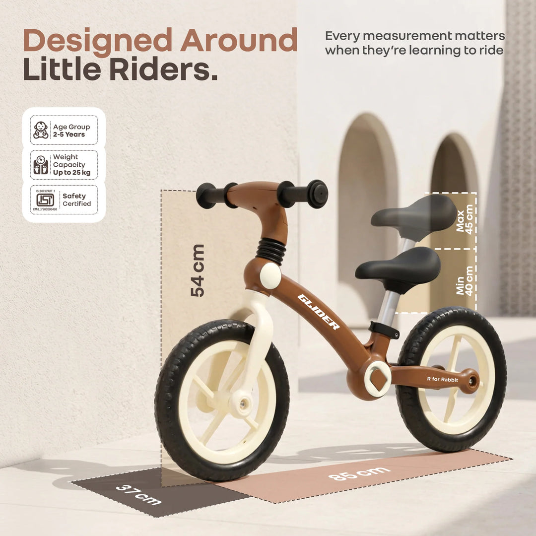 R for Rabbit Glider Balance Bike for Kids – Brown Cream | Adjustable PU Cushioned Seat | Puncture-Proof EVA Wheels & Soft TPE Handles